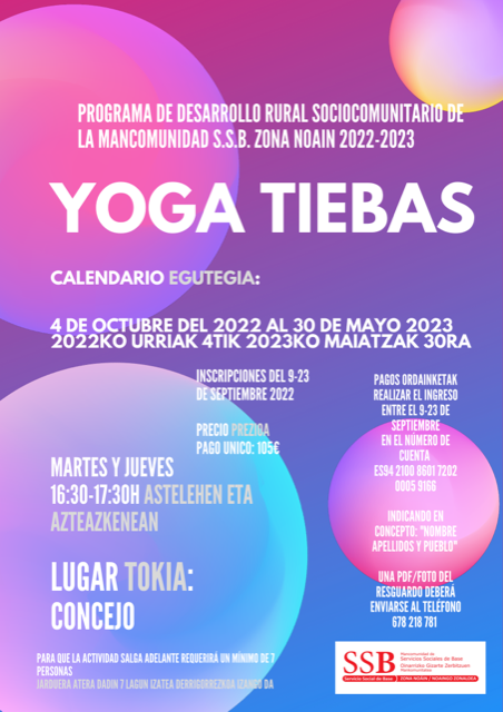 ABIERTO EL PLAZO DE INSCRIPCIÓN DE YOGA EN TIEBAS, CAMPANAS Y MURUARTE ABIERTO EL PLAZO DE INSCRIPCIÓN DE YOGA EN TIEBAS, CAMPANAS Y MURUARTE