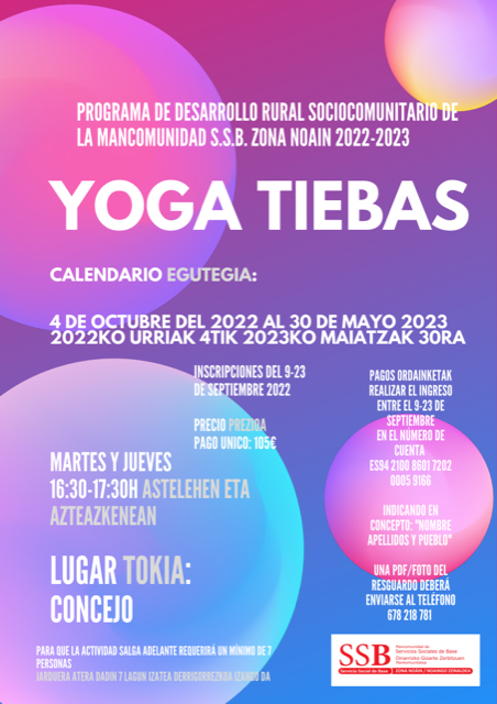 ABIERTO EL PLAZO DE INSCRIPCIÓN DE YOGA EN TIEBAS, CAMPANAS Y MURUARTE