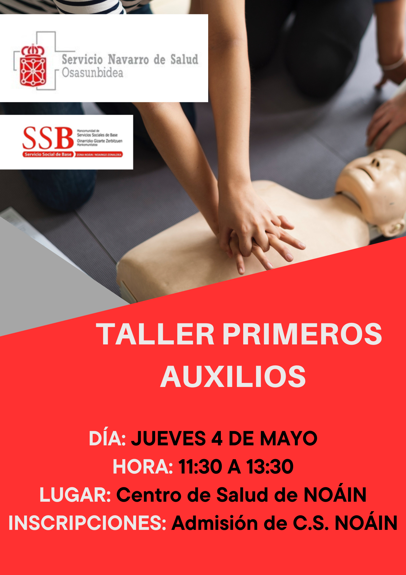 EL CENTRO DE SALUD DE NOAIN ACOGERÁ UN TALLER DE PRIMEROS AUXILIOS EL CENTRO DE SALUD DE NOAIN ACOGERÁ UN TALLER DE PRIMEROS AUXILIOS