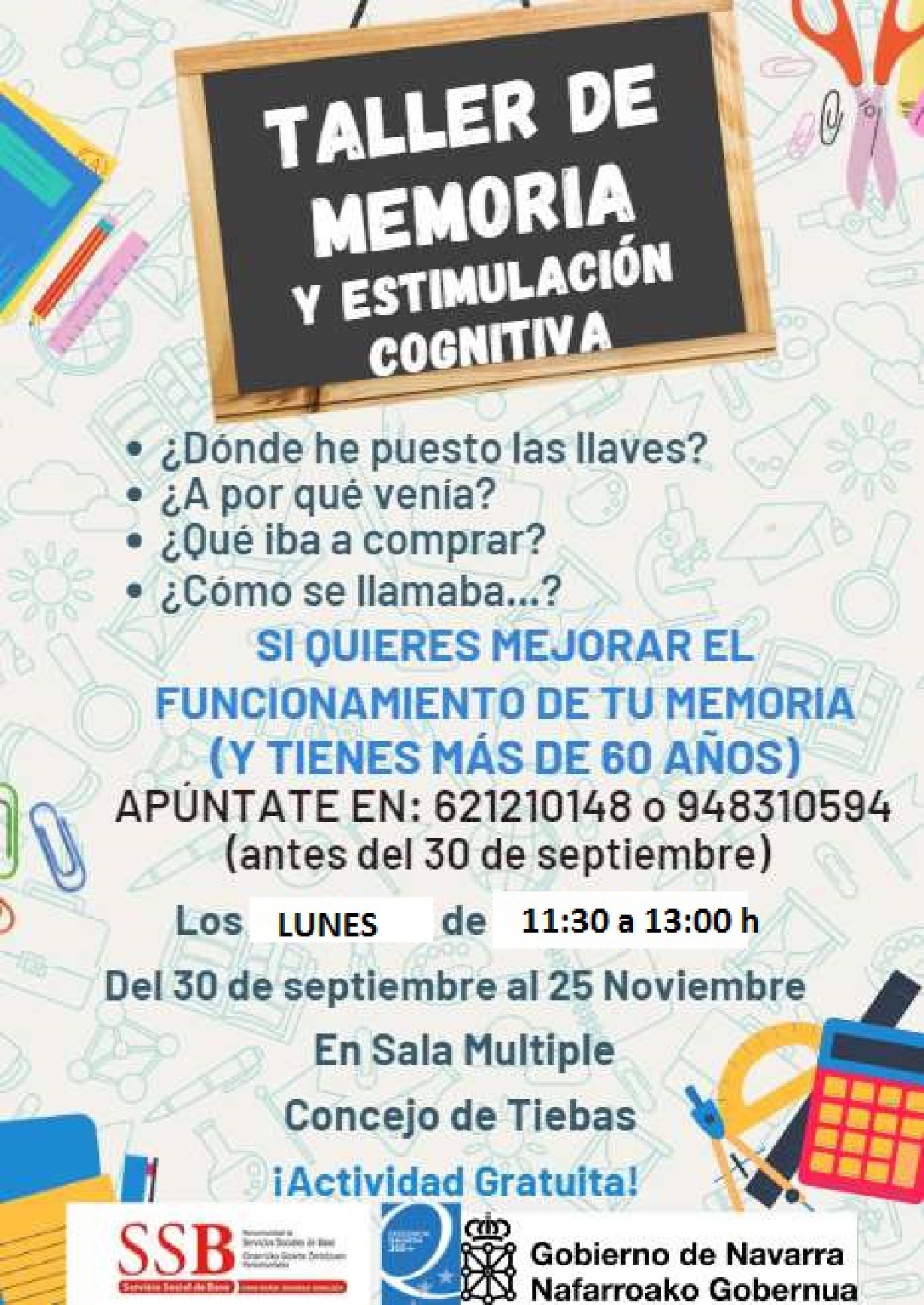 TALLER GRATUITO DE MEMORIA Y ESTIMULACIÓN COGNITIVA PARA MAYORES DE 60 AÑOS
